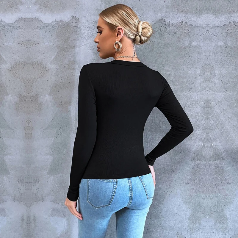 T-shirt da donna Ele Long Sve Crew Ne V-Ne Split ombelico Baring Commute Faion Top slim fit transfrontaliero