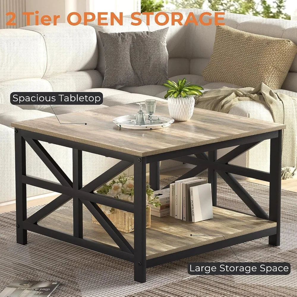 Coffee Table with Storage for Living Room, Small Square Center Tables with Seamless One-Piece Tabletop Farmhouse Style