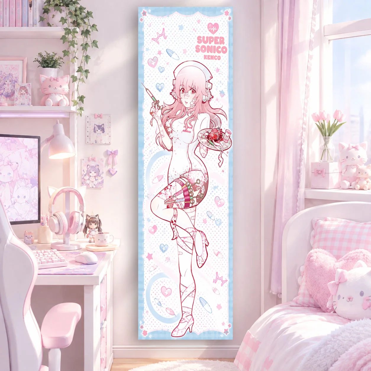 Super Sonico Anime Girl Long Tapestry Sweet Cake Pink Dress, Vertical Anime Wall Decoration for Otaku Bedroom House