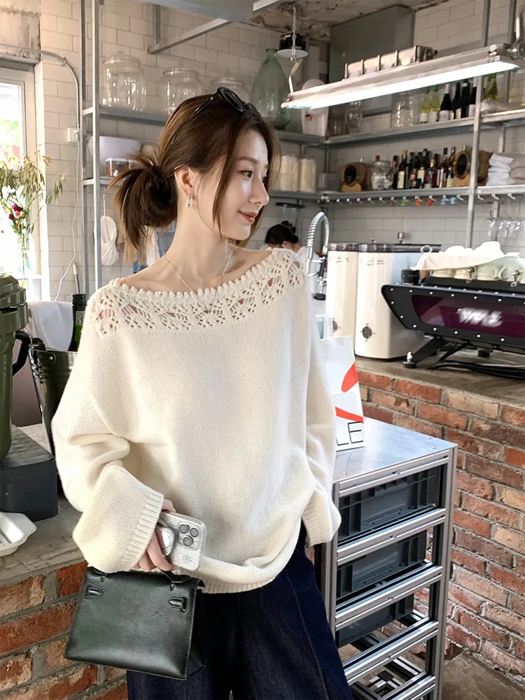 Dolce maglione lavorato a maglia giapponese da donna scava fuori con scollo a barchetta pullover con spalle scoperte maglioni femminili preppy allentati casual chic nuovi