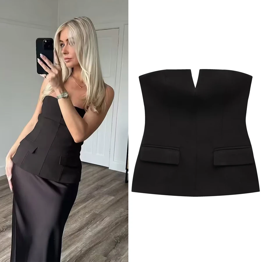 HXAO bustiers femme mode haut sans bretelles été noir Sexy sans manches dos nu épaules nues noir blanc haut corset