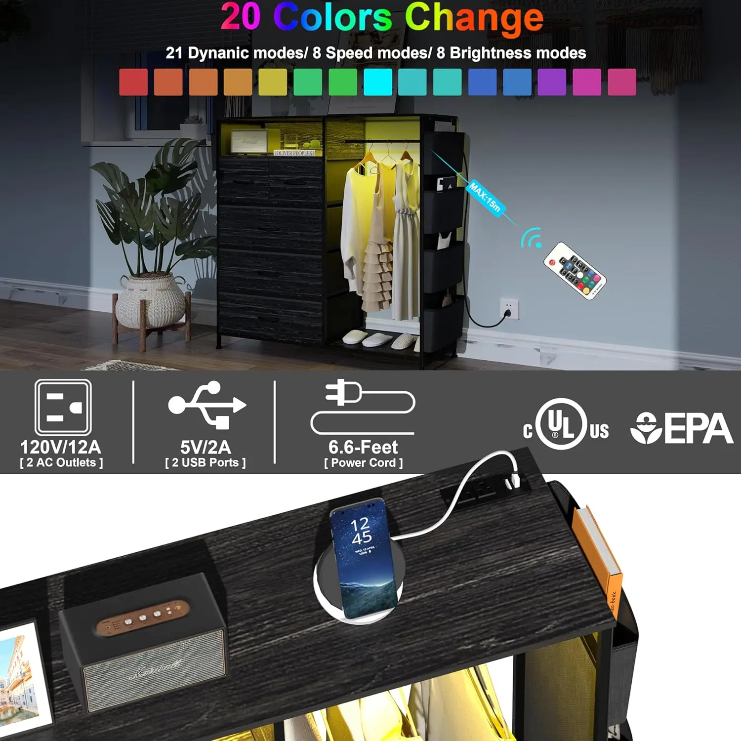 خزانة ملابس لغرفة النوم مع رف ملابس وجيوب جانبية 5 أدراج مع محطة شحن وأضواء LED وخزانة تخزين سوداء #4