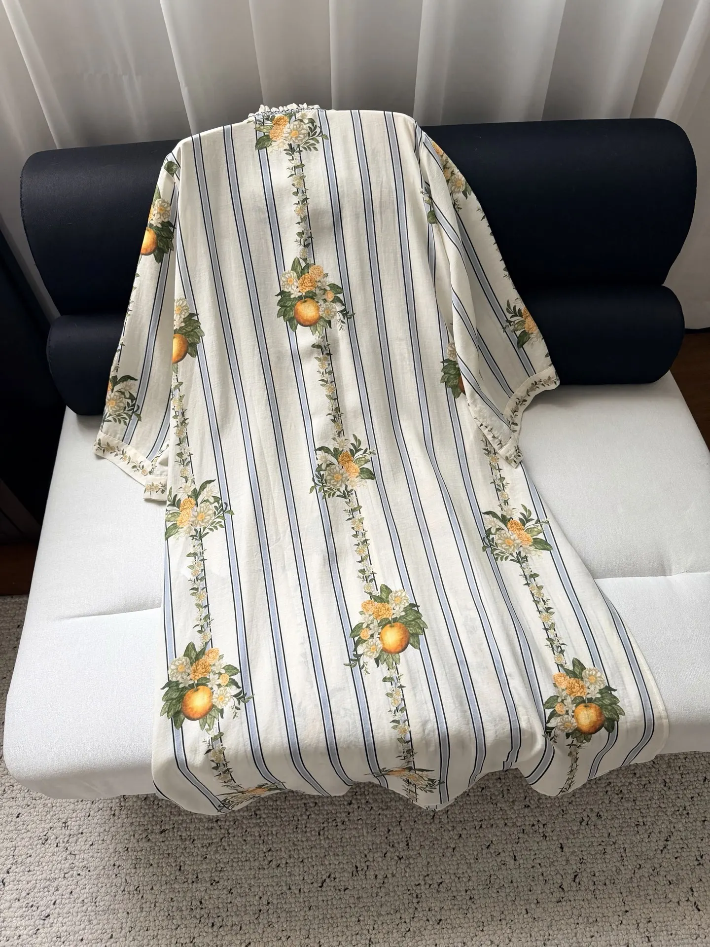 2026 Women's Plant Pattern Striped Long Dress Linen And Viscose Lace-up Ruffled Collar Long Sleeve Loose Female Robe