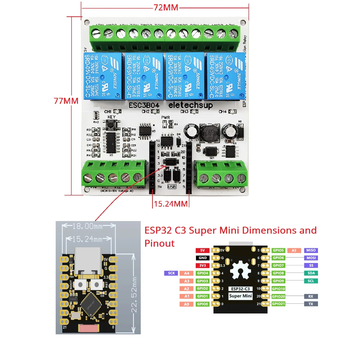 ESP32 C3 Super Mini RS485 Relay Expansion Board Smart Home IOT Simple PLC DC 9V 12V 24V 4AI-4DO 0-10V Analog Input