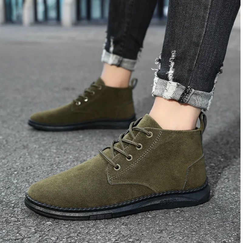 Green Shoes Men\'s Casual Sports Shoes Flat Black Short Boots Trainer Solid Color Hiking Shoes New Spring and Autumn Denim Boots