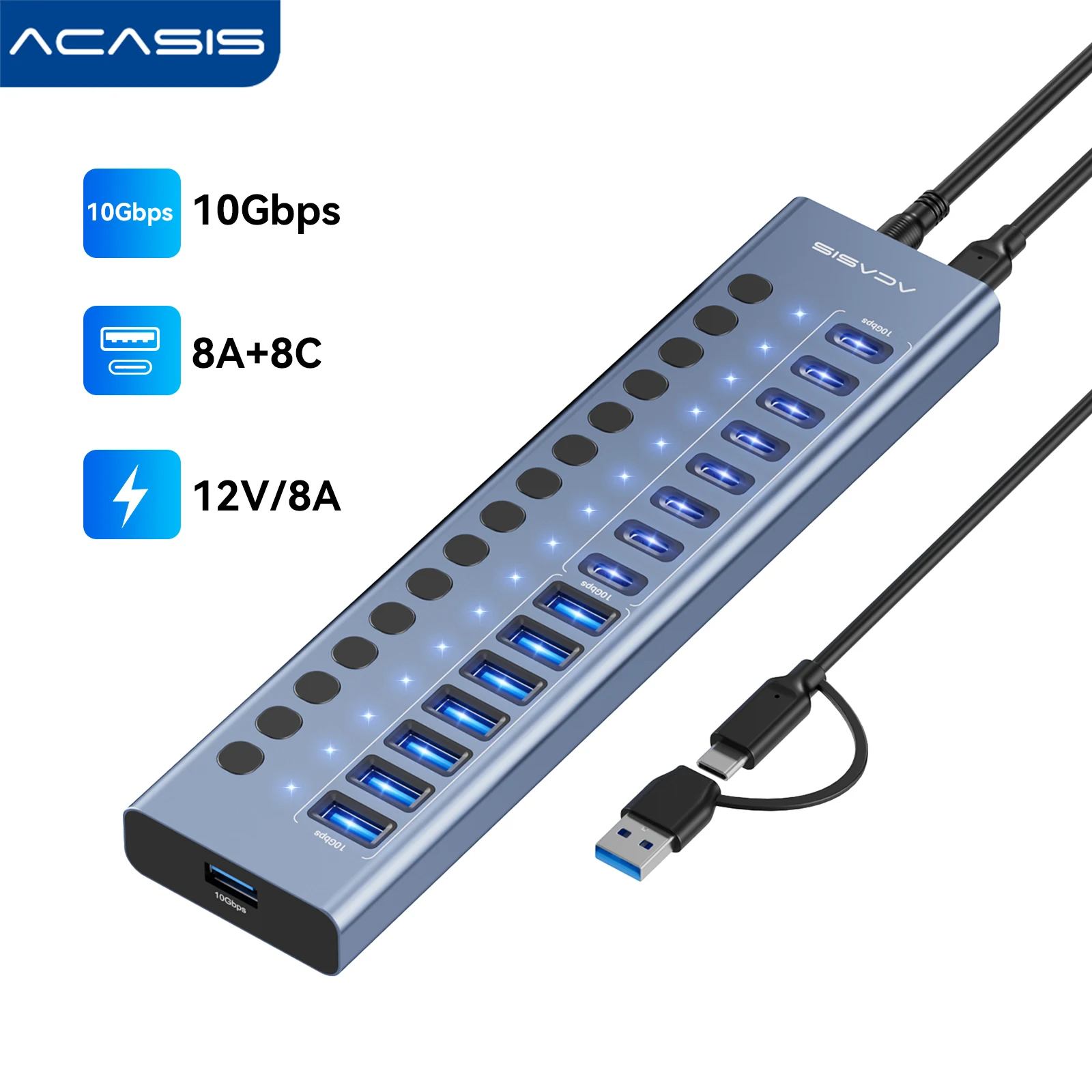Acasis USB Docking Station 10Gbps 16/10 Ports USB-C + USB-A Hub with Individual Switch for Laptop PC Multi Device Keyboard Mouse