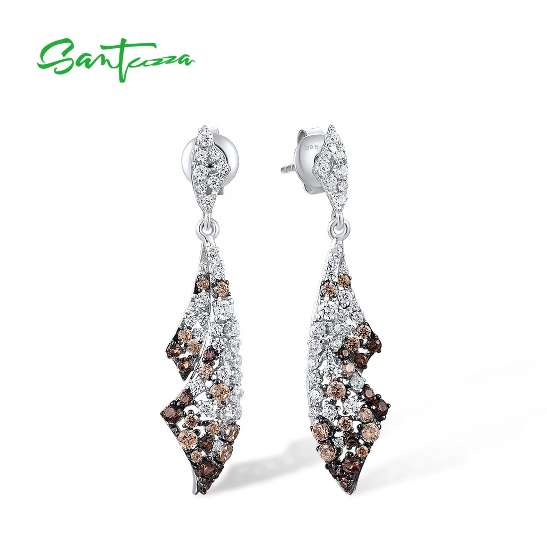 SANTUZZA Pure 925 Sterling Silver Earrings For Women Sparkling Nano Brown Spinel Champagne CZ Dangling Fashion Fine Chic Jewelry