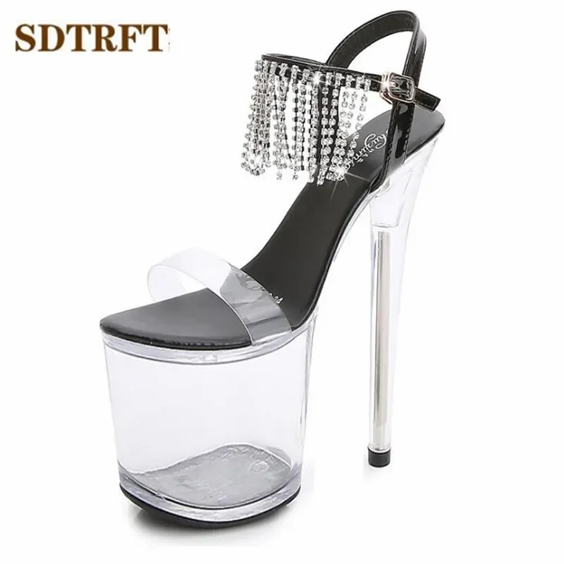 SDTRFT Transparent Stilettos Zapatos Mujer 20cm Thin Heels Platform Diamond Tassels Sandals RED Shoes Woman Party Dance Pumps