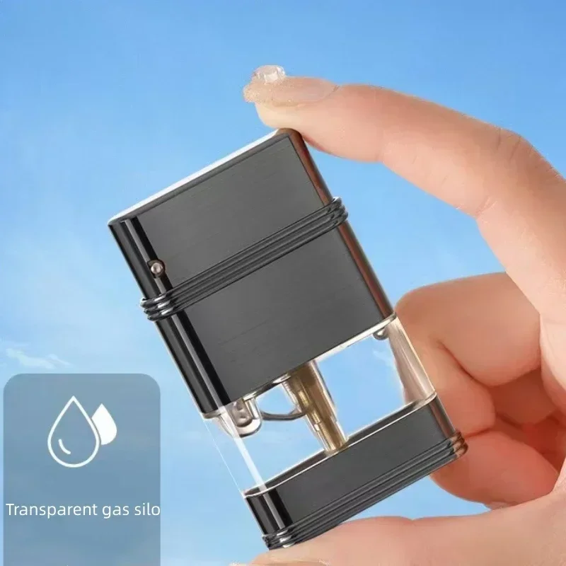 Accendino per finestra visibile in metallo con luce blu, antivento, fiamma rossa, gas butano, accendisigari portatile per uomo che fuma, piccolo strumento