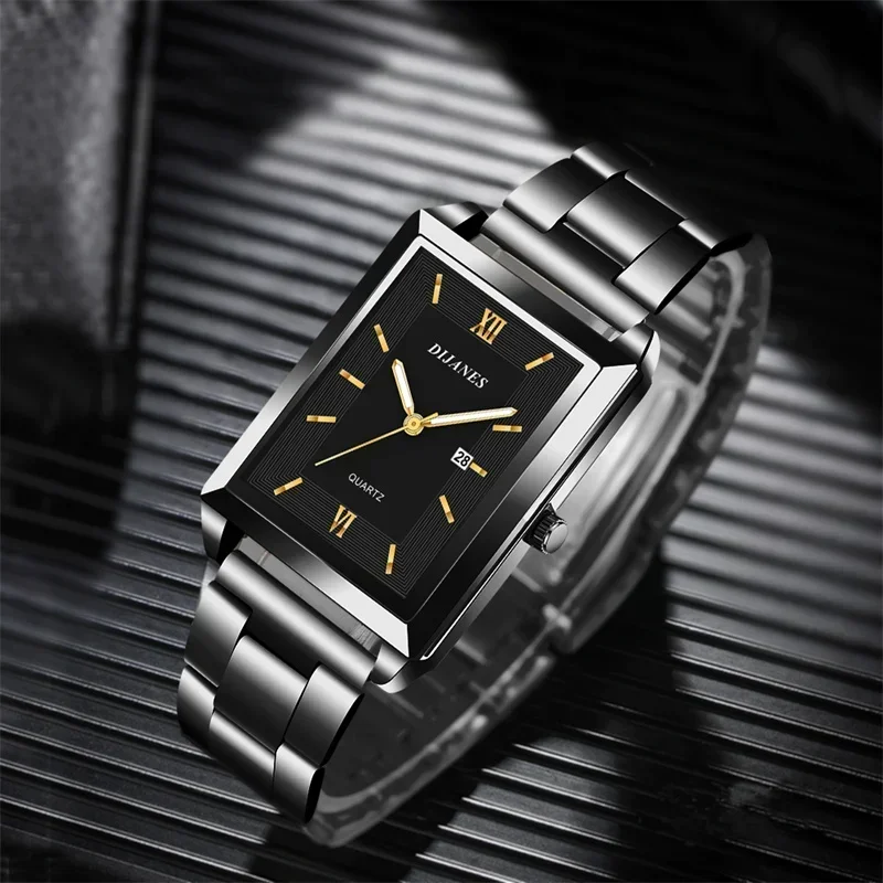 

Fashion Mens Business Watches for Men Rectangle Stainless Steel Quartz Wrist Watch Man Casual Leather Watch Relogio Masculino