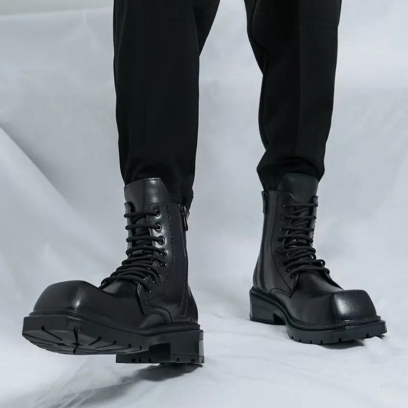 Black Men's Square Toe Thick Soled High Top Boots British Punk Fashion Motorcycle Boots All Season Versatile Men Leather Boots