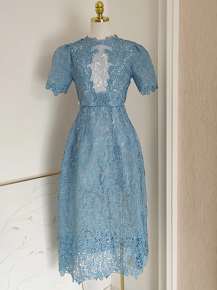 

2024 Summer New Blue Color Palace Style Embroidery Floral Women Lace Midi Dress Short Sleeve Round Neck Beaded Lady Party Dress