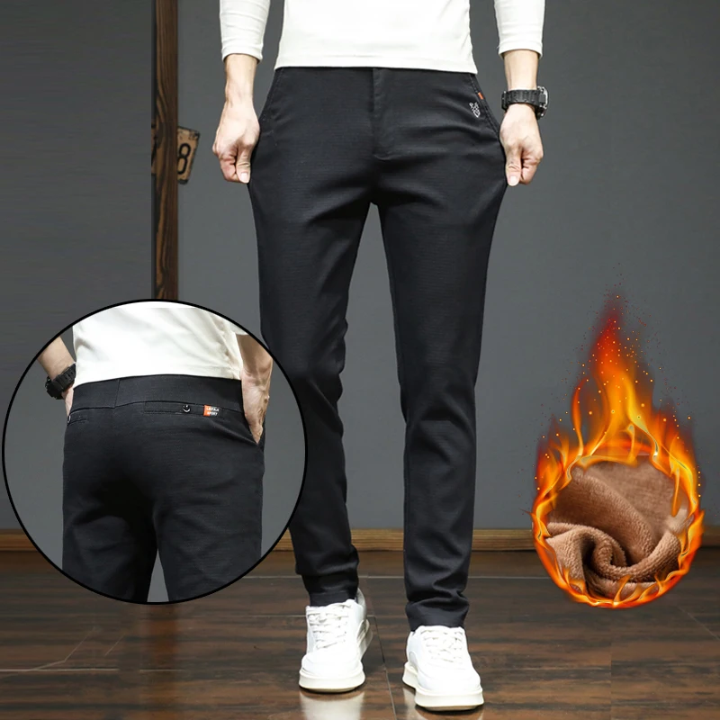 

Winter Men's Fleece Straight Slim Pants Korean Fashion High Quality Warm Thick Trousers Solid Color Male Vintage Sweatpants