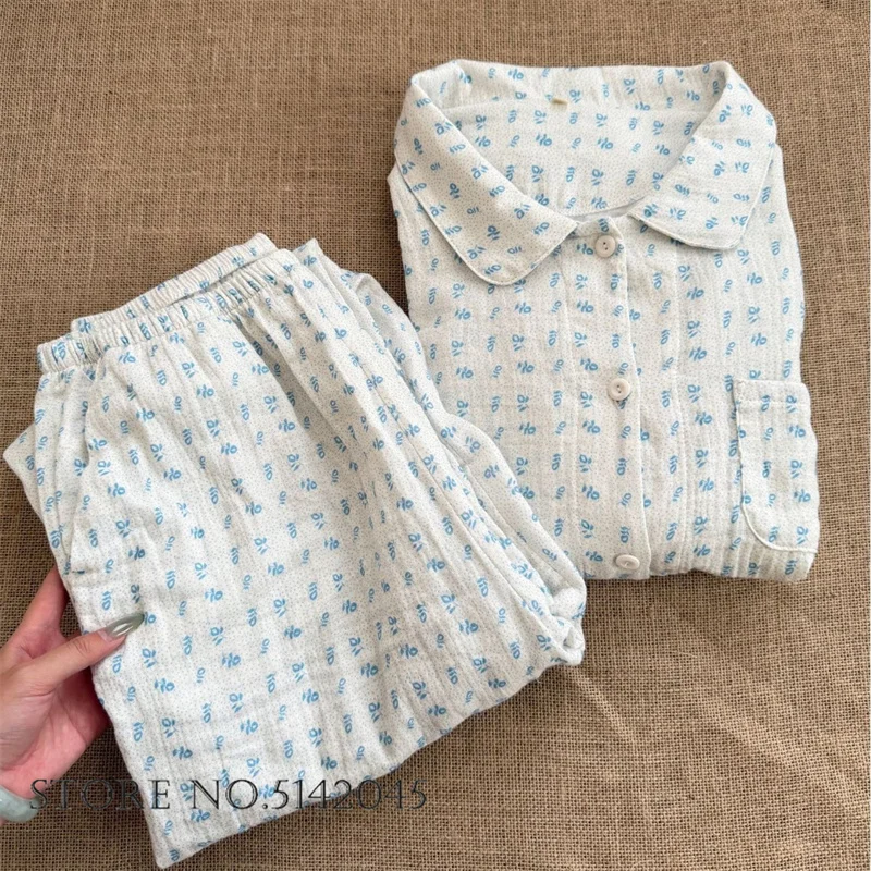 100% Cotton Gauze Sleepwear Women's 2Pcs Pajamas Set Print Flower Long Sleeve Pijamas Matching Sets Autumn New Loose Homewear