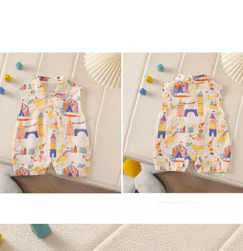 Sommerlicher ärmelloser Baby-Strampler mit Schloss- und Clown-Print, im Wald-Stil, mit breiten Trägern, für Kleinkinder, niedliche Babykleidung – Detail 3