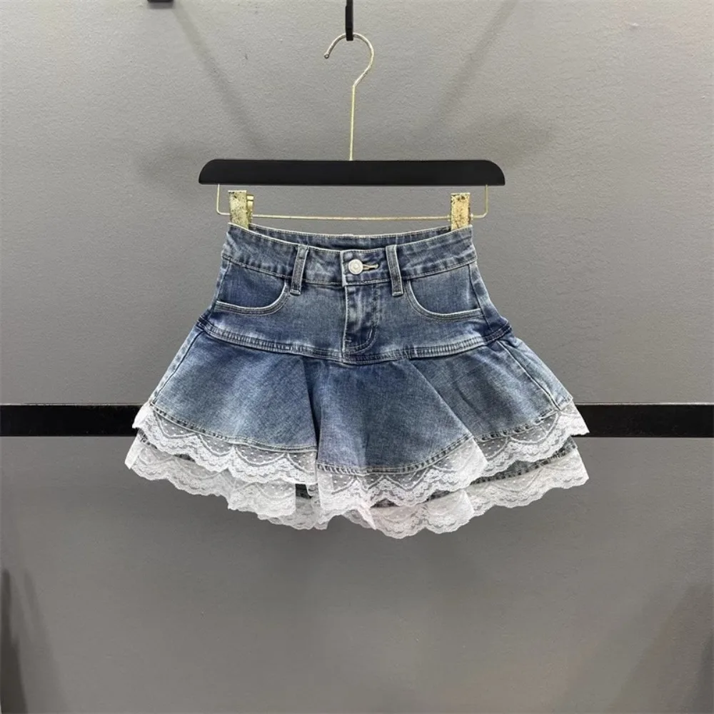 

Sexy Lace Spliced High-waisted Slim High-quality Denim Skirts Women 2025 Spring New Fashion Versatile Fluffy Cake Kawaii Skirt