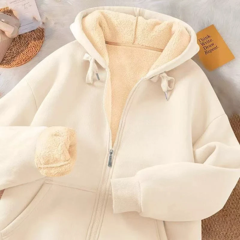 Women's Thickened Fleece Lined Hooded Jacket Coat for Working Autumn Winter Loose Large Size Cardigan Sweater Korean Style