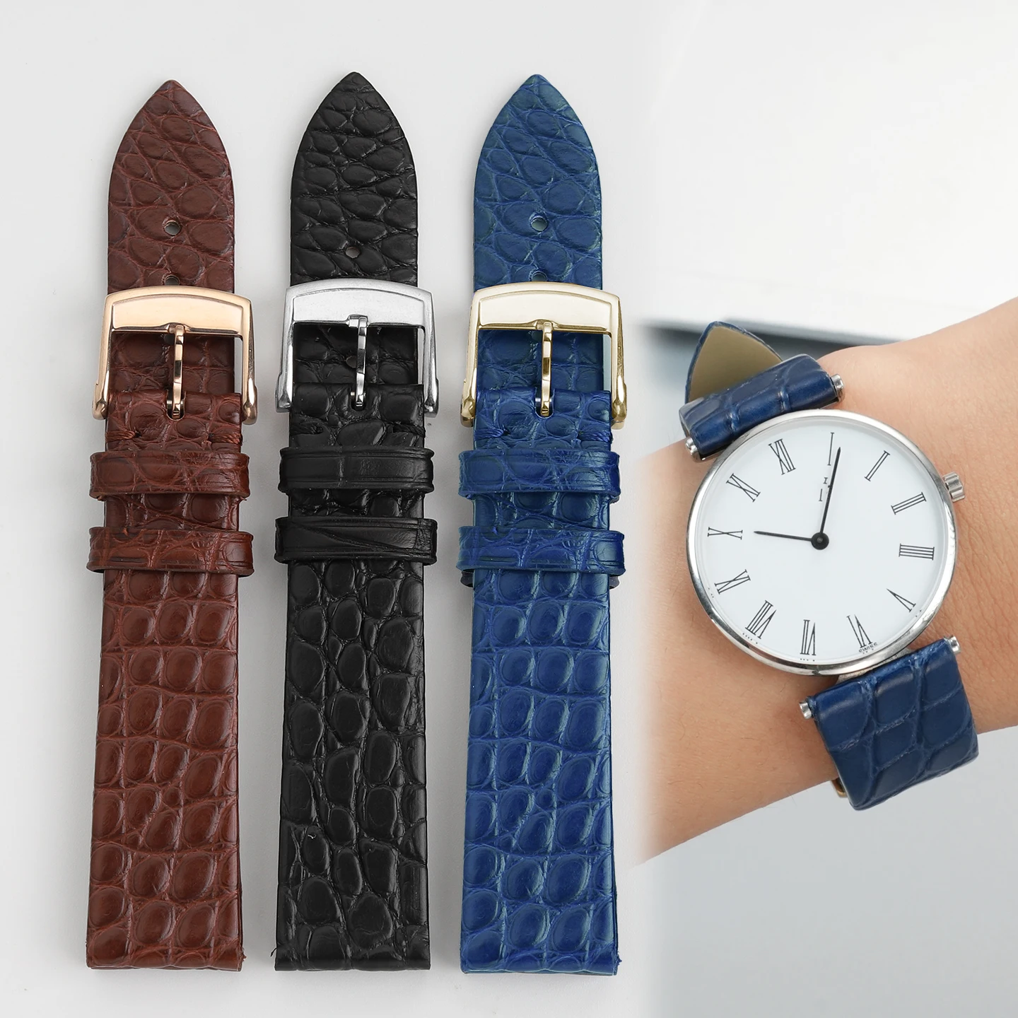 

Crocodile Leather Strap Ultra Thin 12 13 14 15 16 18 20 22mm Black Brown Men and women Genuine Leather Bracelet for Longines