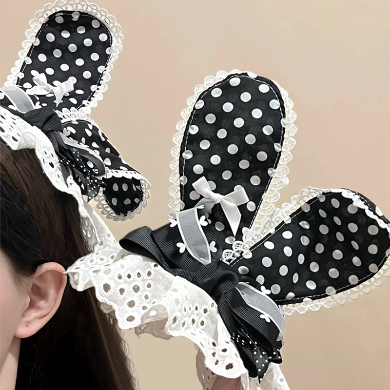 

Japanese Sweet Lolita Polka Dot Rabbit Ear Hair Clip Lace Black Pink Rabbit Ears Hat Hairclip Headwear Accessories Cosplay Props