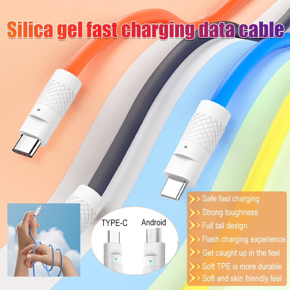 120W 6A Super Fast Charge Liquid Silicone Cable Type-C Charger Data Cable For Xiaomi Huawei Samsung Zinc USB Bold Data Line 1m