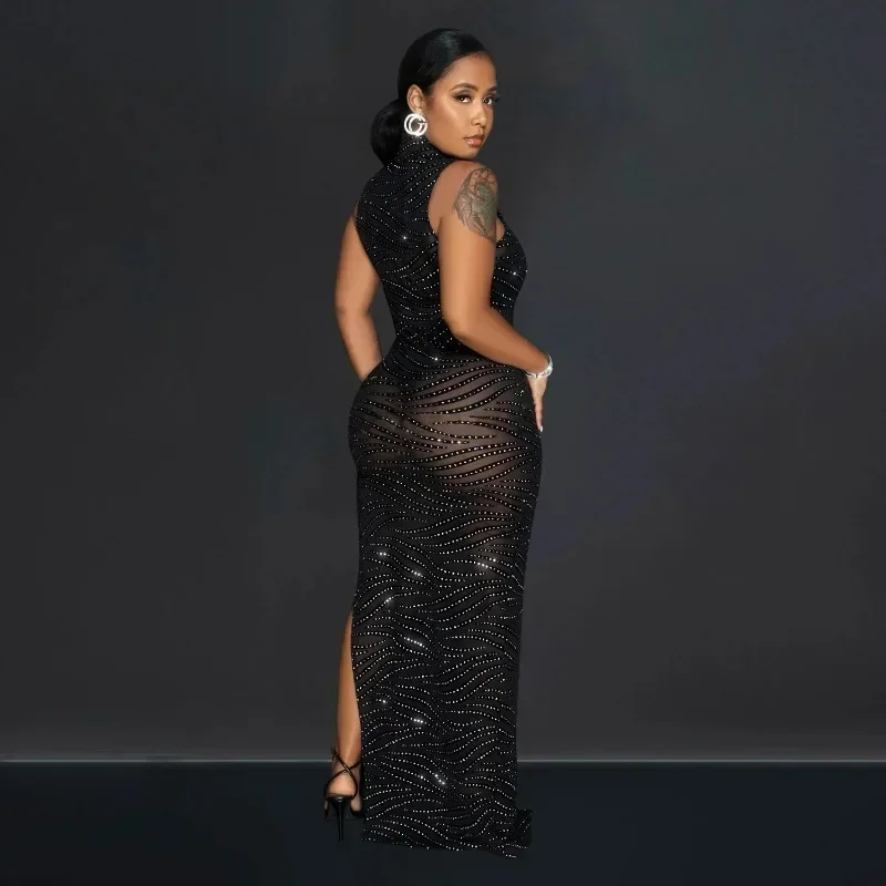GUWU Mesh See Though Diamonds Hot Rhinestones High Side Split Bodycon Midi Maxi Dress Vestidos Women Sexy Party Dresses