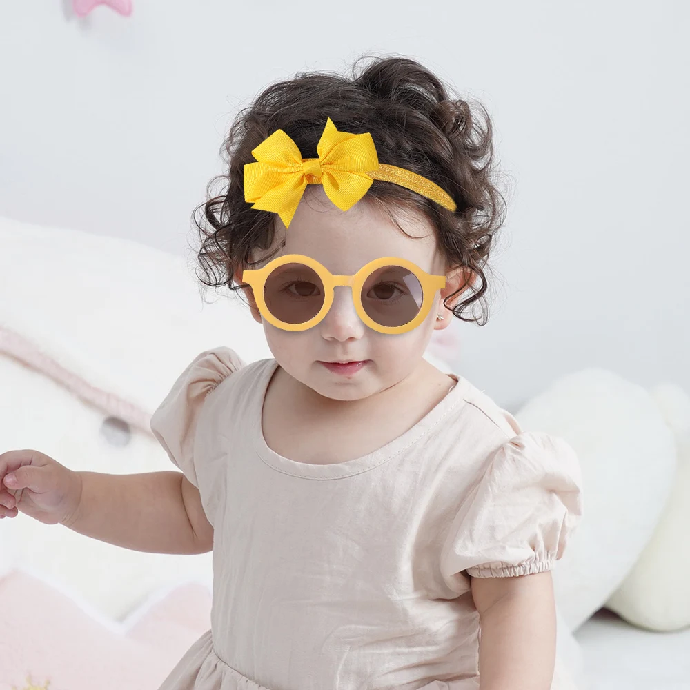 2Pcs Sunflower Ribbon Headband Sunglasses for Baby Girl Leisure Vacation Retro Round Heart Glasses with Big Bows Hair Clip Set