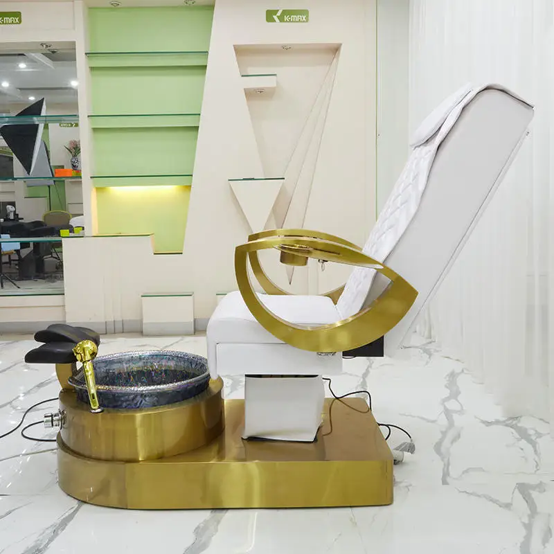 Spezieller goldener Handlauf mit luxuriösem Massage-Fußsofa aus weißem Leder, Surffunktion, Maniküre-Spa-Stuhl