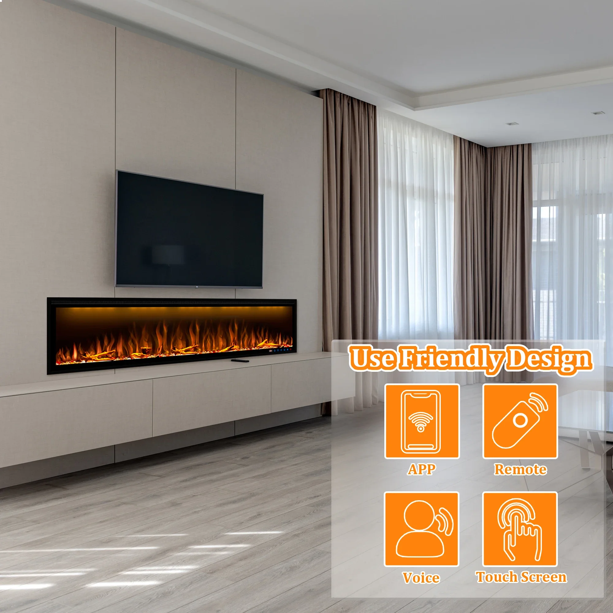 Luxstar 100 Inch Slimline Wall Mount Built-in Electric Fireplaces With Safety Thermal Cut-off Electric Fireplace Decor Flame Led