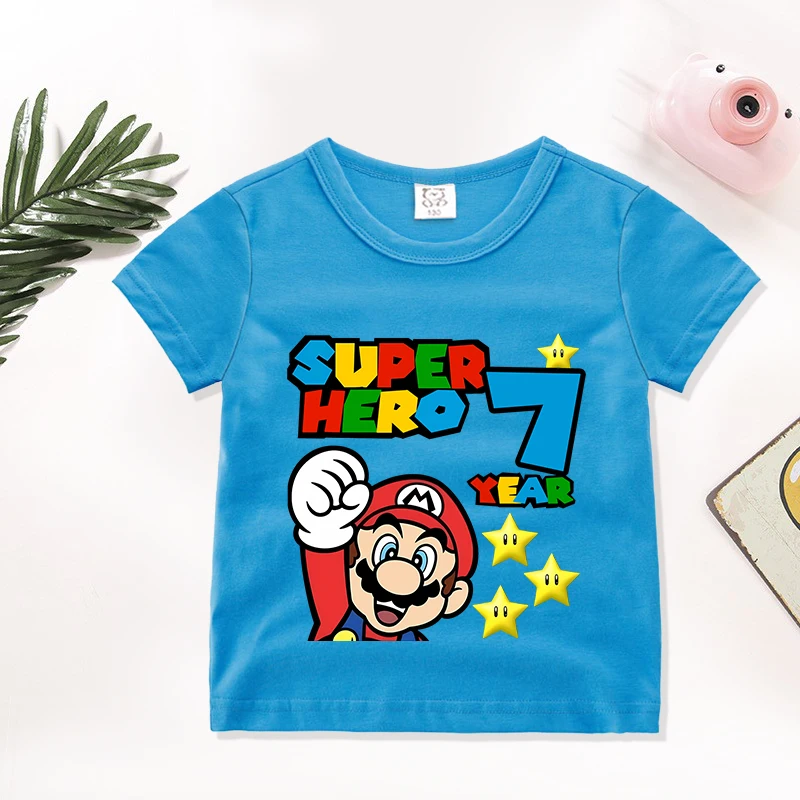 سوبر ماريوس الاطفال عدد تي شيرت الصبي عيد ميلاد الملابس الأزرق قصيرة الأكمام طفل القطن المحملة الصيف أنيمي الكرتون الأطفال قمم