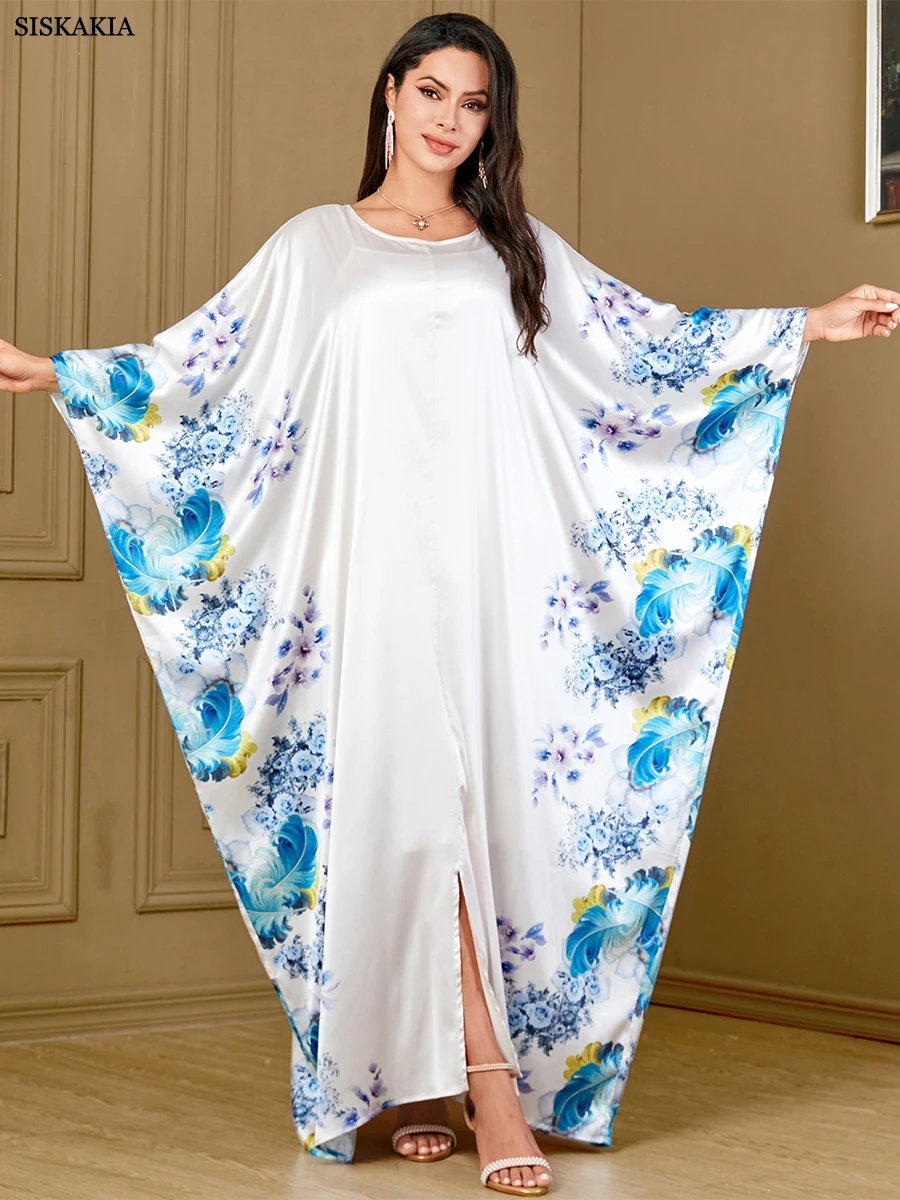 

Siskakia New In Dress Batwing Sleeve Crew-Neck Floral Print Muslim Long Dress Dubai Turkey Arab Elegant Abaya For Femme 2024