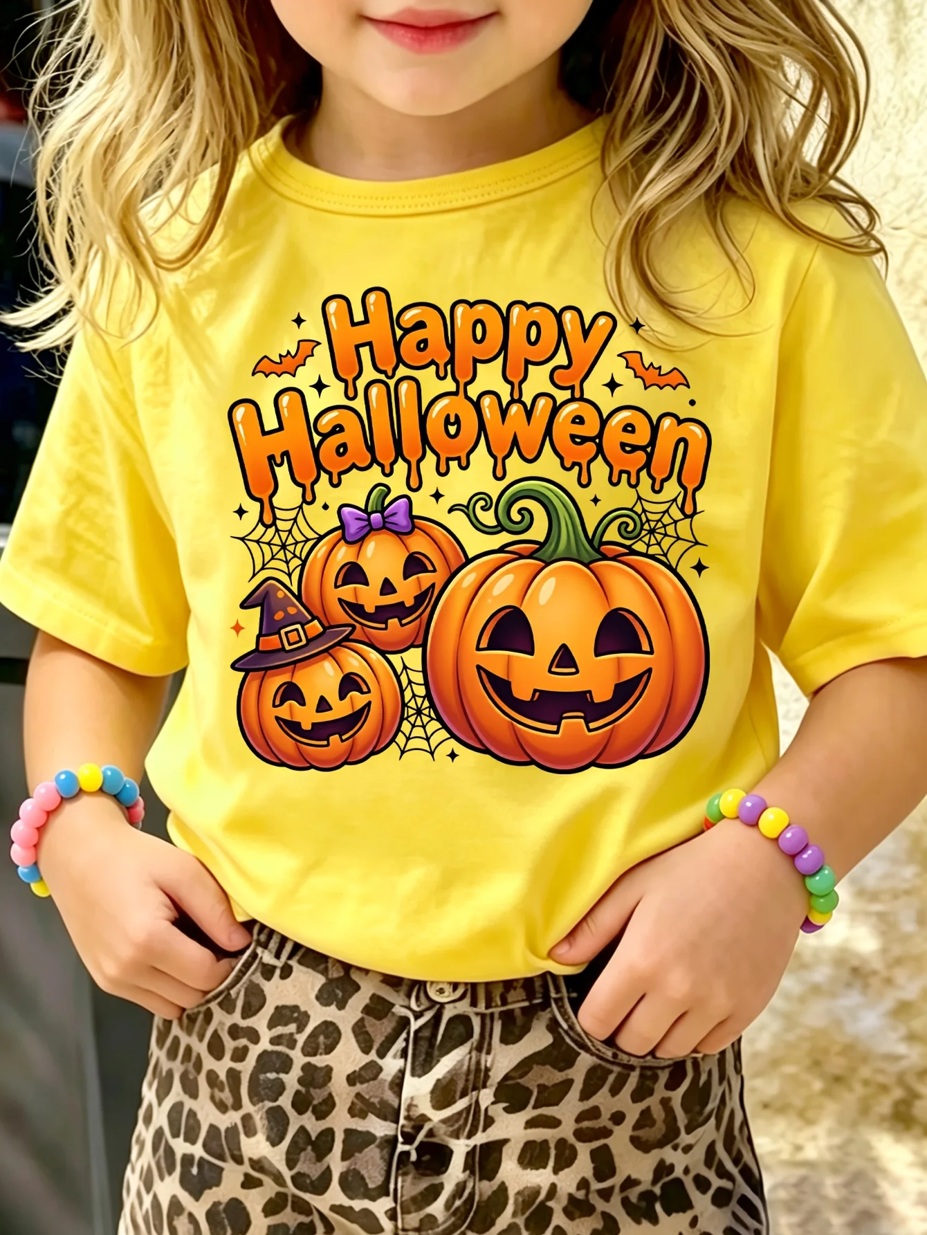 Kids Happy Halloween Pumpkin Witch Hat Bat Graphic Tee Boys Girls Family Matching Short Sleeve Holiday Casual Daily T Shirt