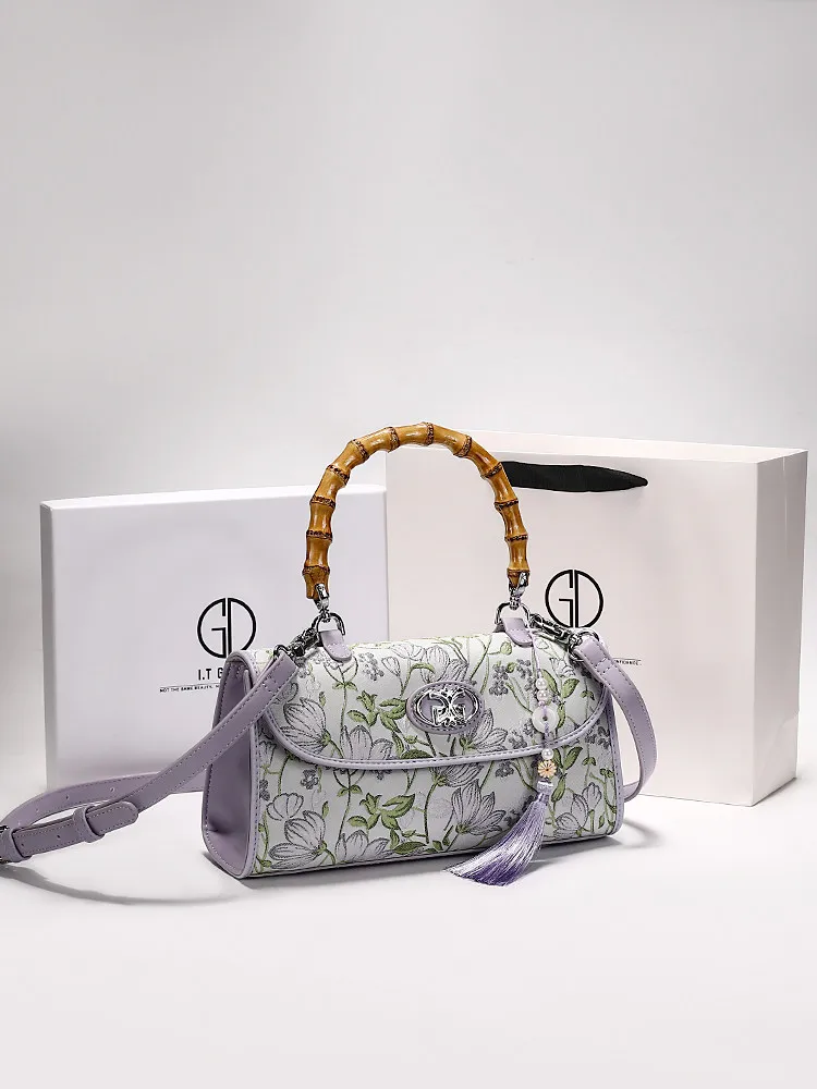 Luxury and Elegant Handheld Square Bag with Exquisite Embroidery and Unique Bamboo Handle 2026 Women Chinese Style Crossbody Bag