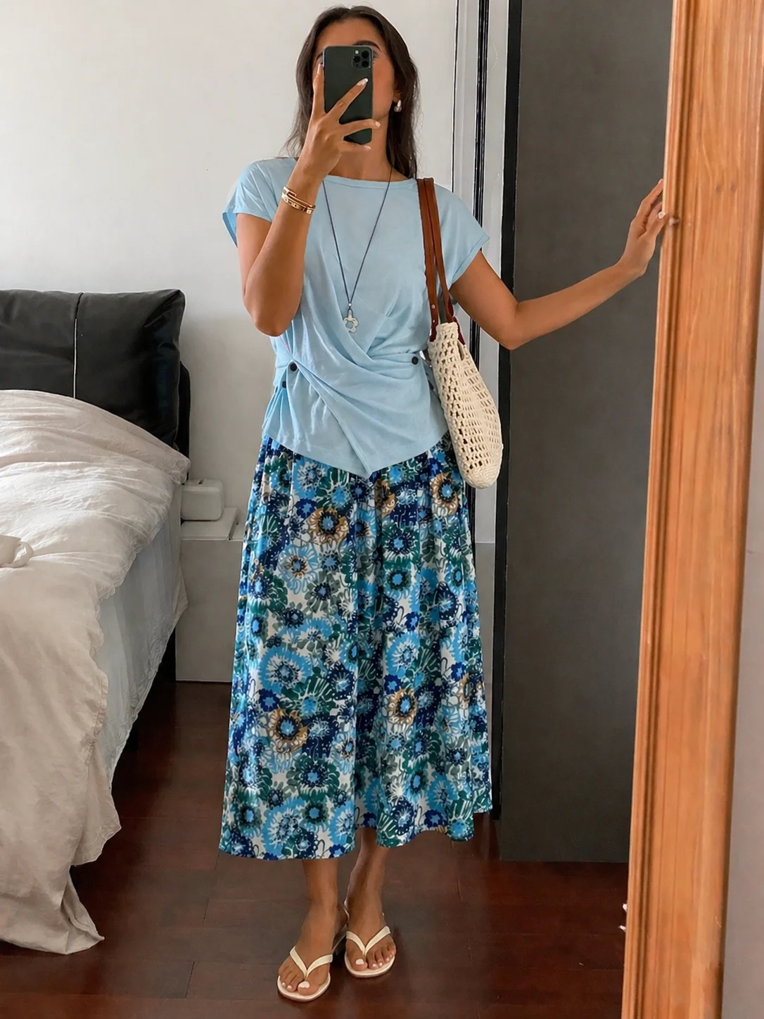 2-piece summer fresh short-sleeved knot top   printed midi skirt set, high-waisted A-line printed skirt | daily casual outfit, s view 5