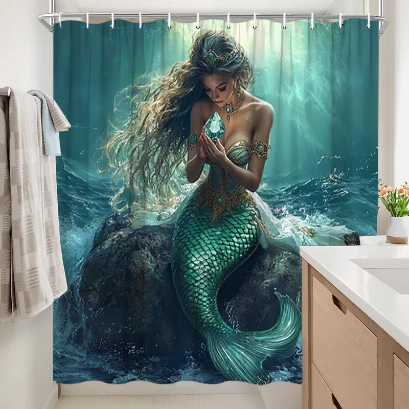 1pc Mermaid Gold Tail Underwater Shower Curtain - Magic Bathroom Decor, Polyester, Washable, 70.8x70.8 inches, Line Dry, n