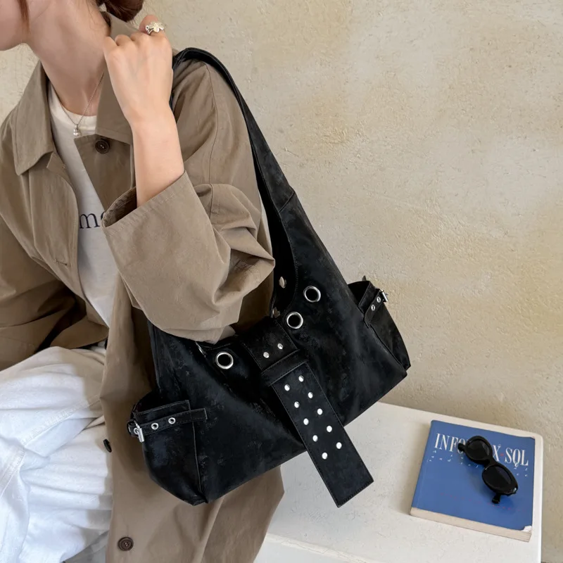 Belt Buckle Women Luxury Designer Handbag and Purses PU Rivet Multiple Pockets Y2K Large Capacity Shoulder Bag Commute Big Totes view 4