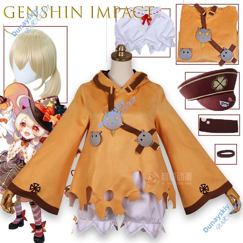 

Klee Косплей Костюм Парик Genshin Impact Хэллоуин Взрослый Платье Комплект Шляпа Аниме Наряд Kawaii Милый Рождественский Тыква Ведьма Призрак