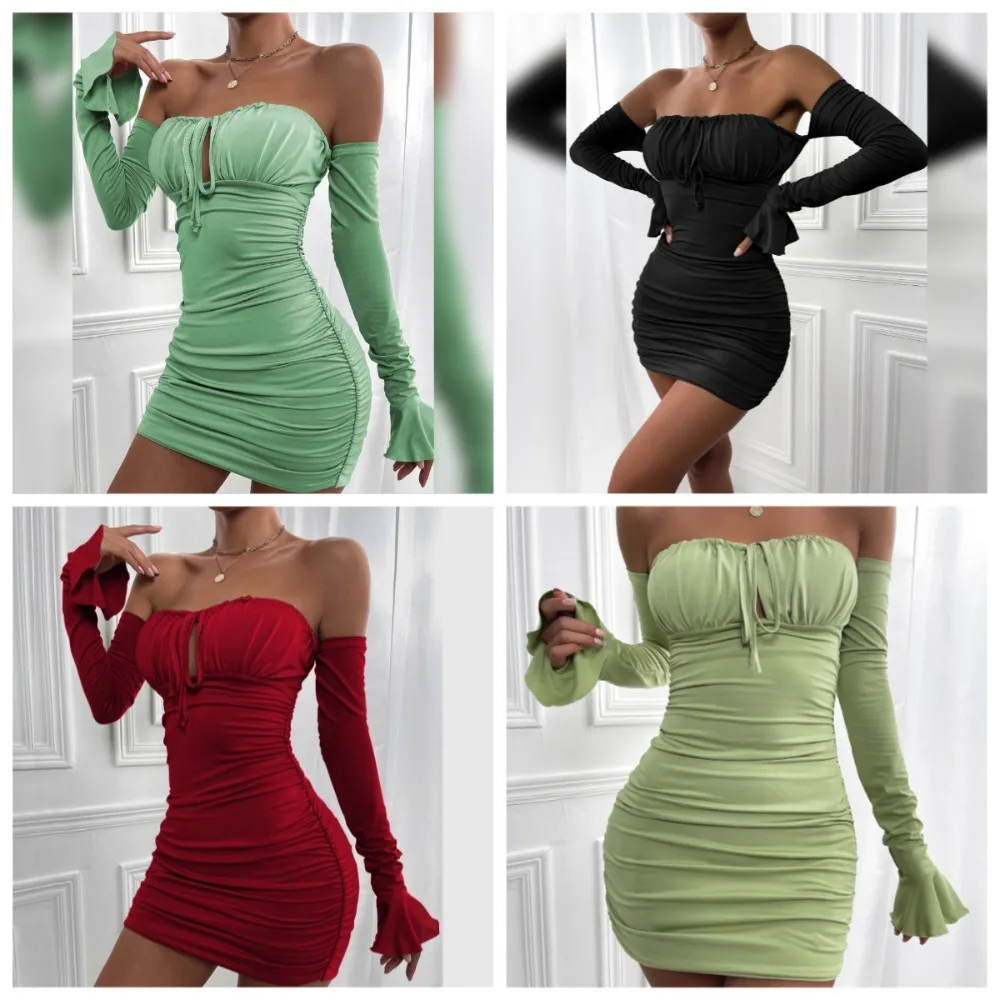 

Sexy Bodycon Dresses Women 2024 Black Brown Red Green White Pleated Long Sleeve Mini Dress Vestidos Elegant Club Party Dresses