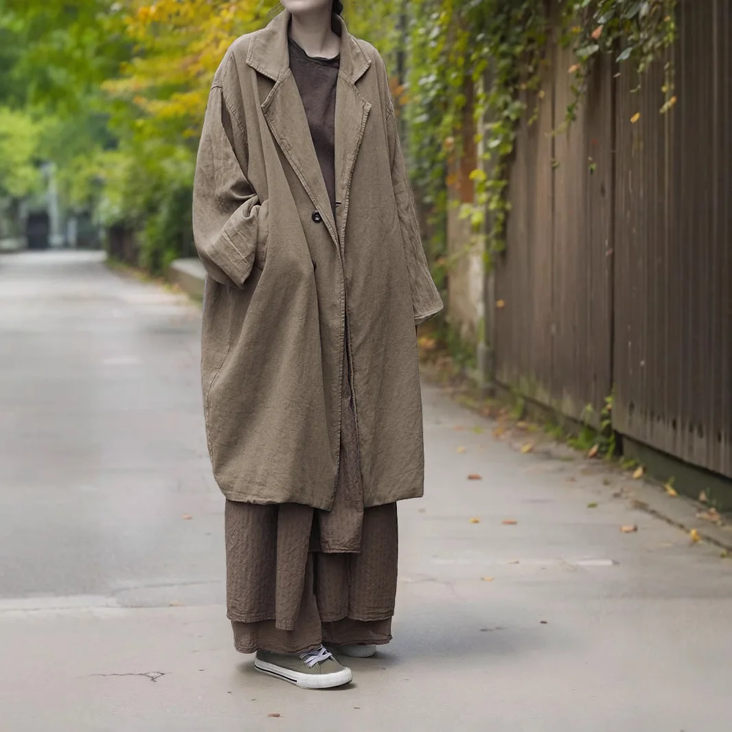 

Retro heavy trench coat literary casual jacket cotton and linen high texture lapel coat fashionable casual versatile simple temp