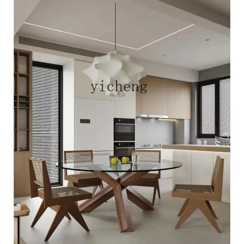 X5-16   minimalist ash wood base round dining table flat floor villa living room tempered glass coffee table