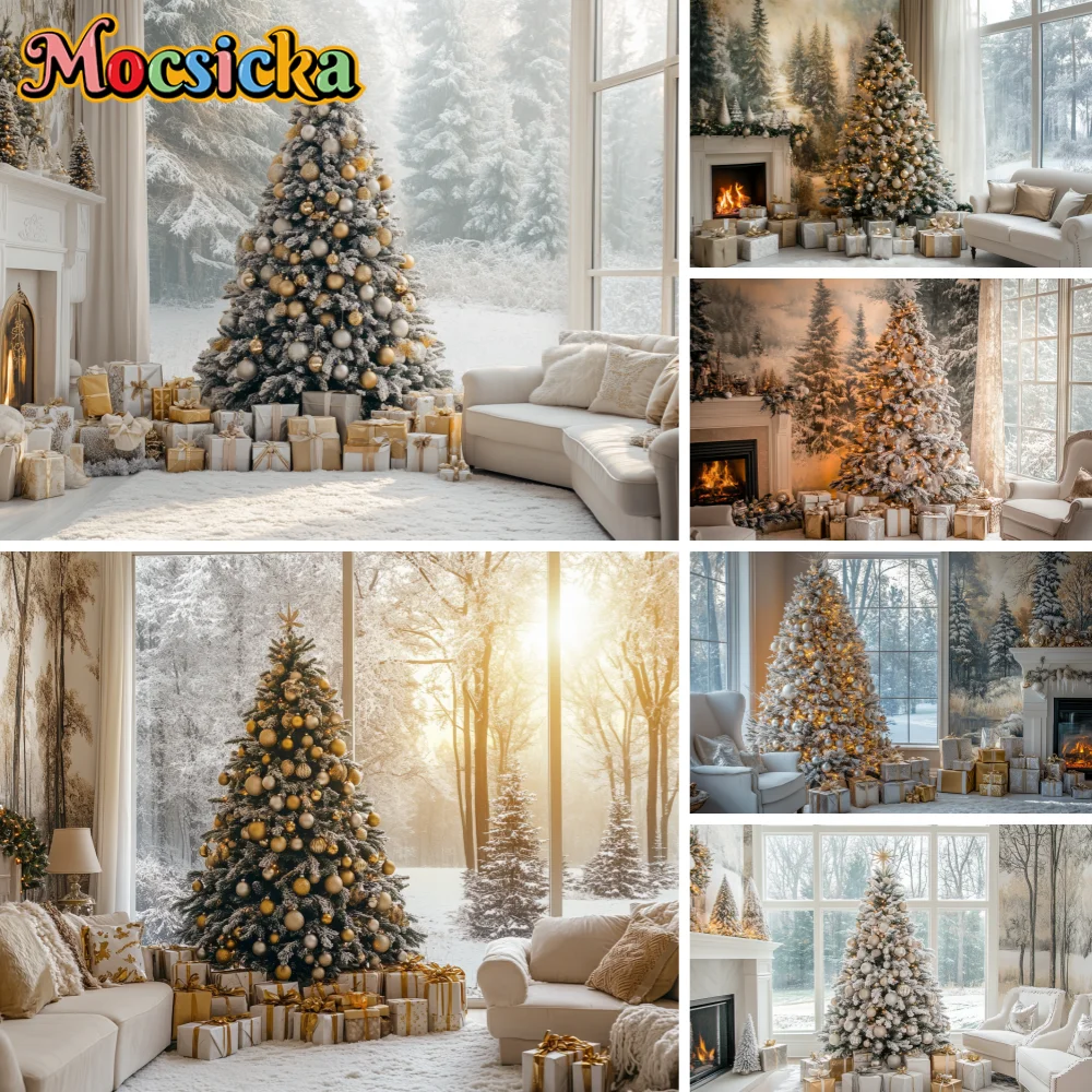 

Winter Christmas Tree Photography Backdrop Snowman Giftbox Family Xmas Eve Party Decor Fireplace New Year Background Props