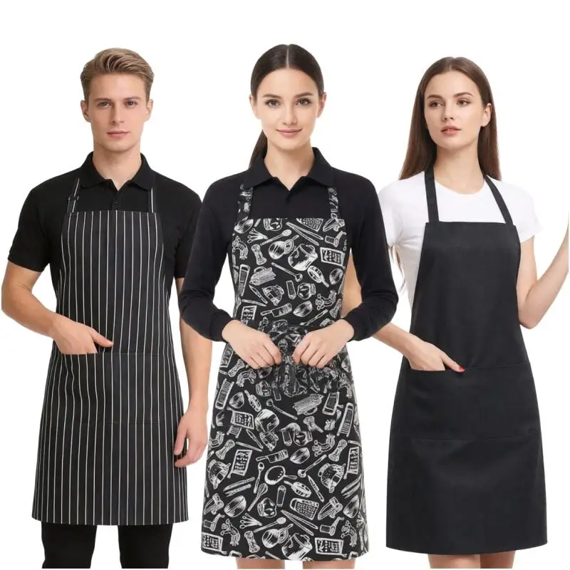 Kitchen Chef Apron Cooking Utensils Print Halter Neck Design Work Apron Unisex Waiter Uniform Restaurant Catering Striped Apron