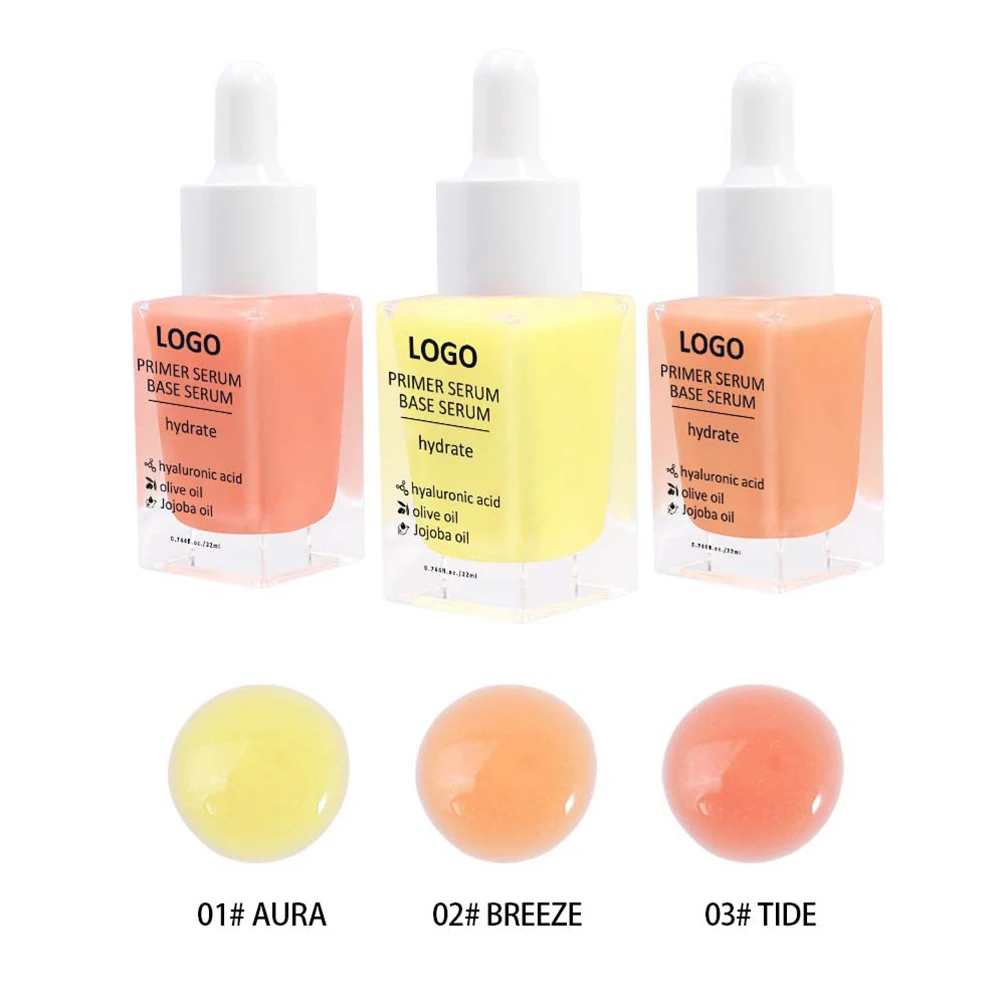 Apprêt à l'essence pour le visage, 22ml, marque privée, hydratant, acide hyaluronique, 3 couleurs, maquillage éclaircissant, Logo personnalisé, vente en gros