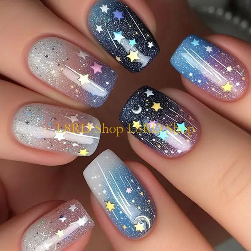 L8rd 24pcs عصا مربعة متوسطة على مسمار القمر نجم لامع تصاميم كاذبة للنساء