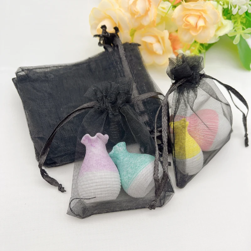 Drawstring Storage Bags, Yarn Silk Pouch, Black Gift Bag, Wedding Packaging, Jewelry, Mesh, Organza Gift Bags, 100Pcs