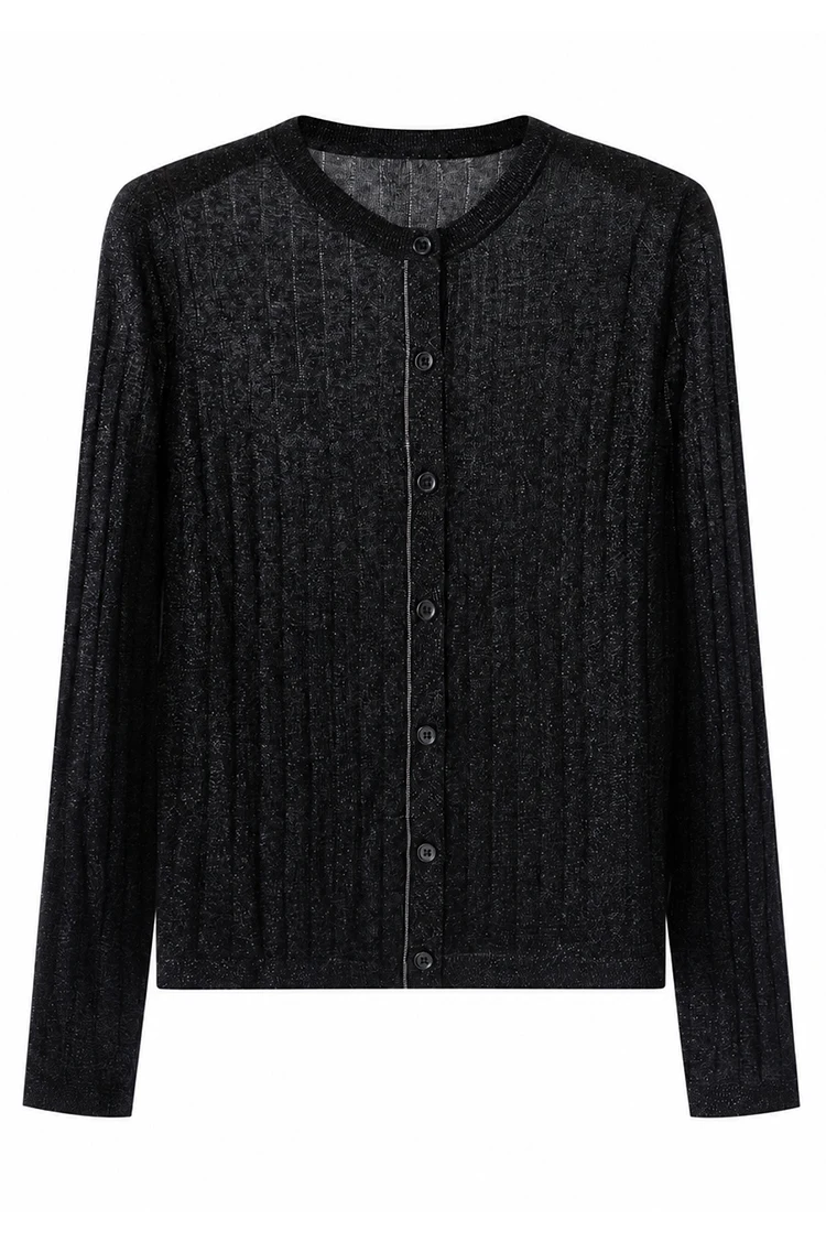 BL3621777 Damen-Cardigan mit Rundhalsausschnitt aus Wollmischung, Langarm, schmale Passform, Kontrastbesatz, Muschelknöpfe, Schulterkette, Frühherbst – Detail 14