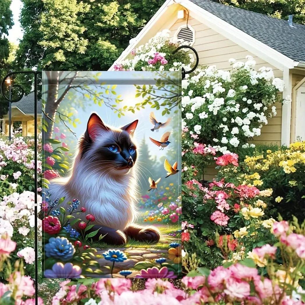Bandera de Jardín con Diseño de Gato, 12x18 Pulgadas, Doble Cara, para Exteriores, Gato Ragdoll con Ojos Azules, Pájaros y Flores Coloridas, Bandera para Jardín