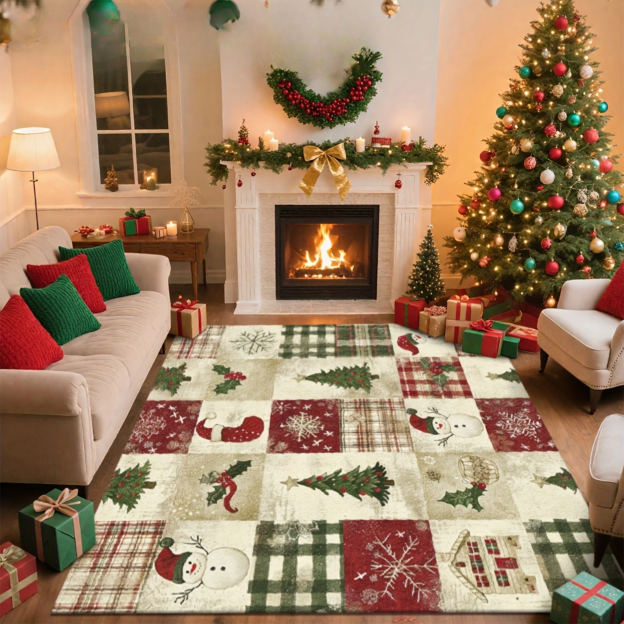 Christmas Floor Mat Plaid Patchwork Print Rug Snowman Tree Doormat Home Decor for Living Room Xmas Holiday Decoration