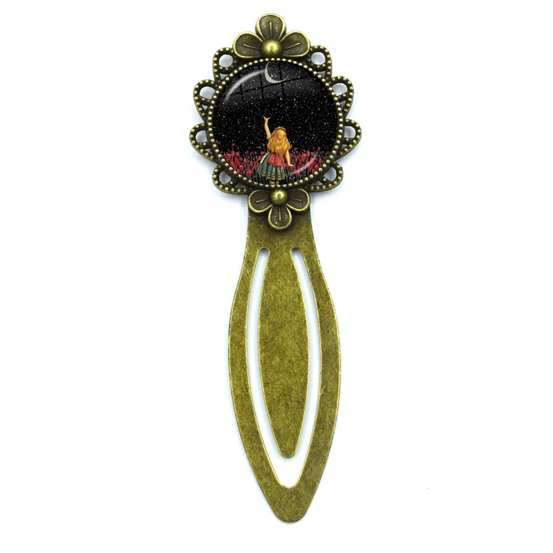 1 Pcs Retro Bronze Round Bookmark Vintage Metal Alice In Wonderland Wonderland Garden Glass Gems As Book Page Marker