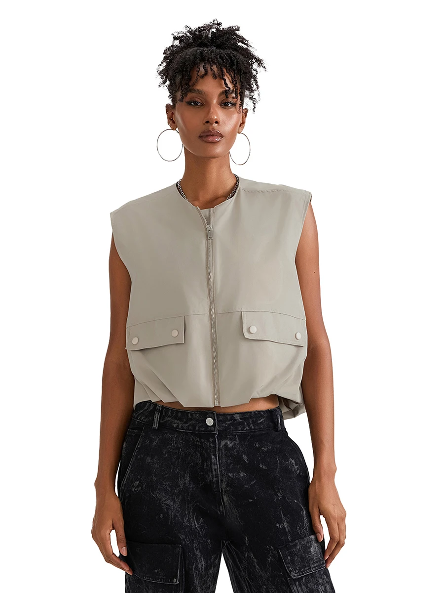 Women Y2k Oversized Cargo Vest Casual Zip Up Ruffle Vest Tops Fashion Sleeveless Waistcoat Tops with Pockets