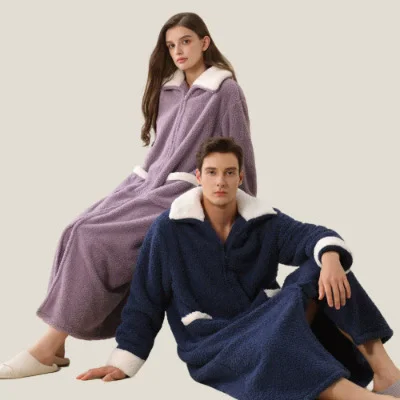 Autumn Winter Flannel Female Long Robe Nightgown Zipper High Neck Nightdress Sleepwear Warm Thick Coral Fleece Couple Homewear